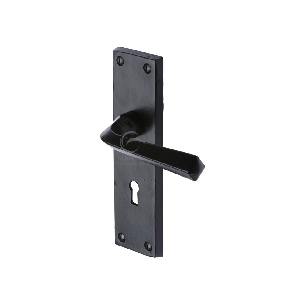 This is an image of a M.Marcus - Black Iron Rustic Door Handle Lever Lock Bridgnorth Design, fb2500 that is available to order from T.H Wiggans Ironmongery in Kendal.