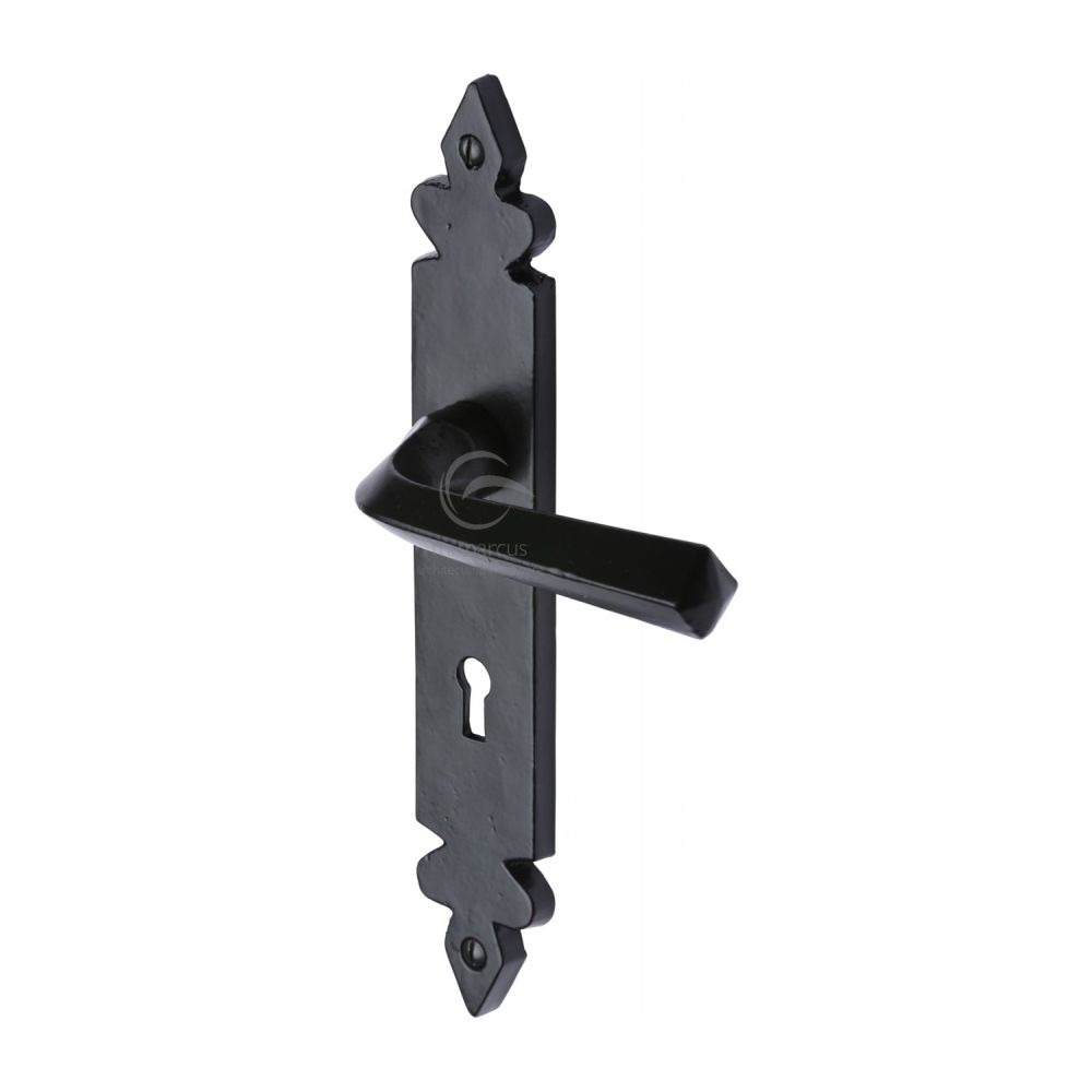 This is an image of a M.Marcus - Black Iron Rustic Door Handle Lever Lock Ironbridge Design, fb3600 that is available to order from T.H Wiggans Ironmongery in Kendal.