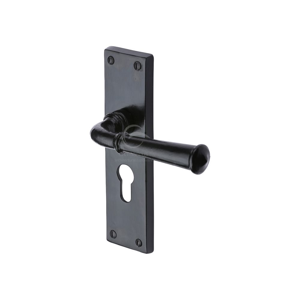 This is an image of a M.Marcus - Black Iron Rustic Door Handle Euro Profile Plate Ashfield Design, fb3748 that is available to order from T.H Wiggans Ironmongery in Kendal.