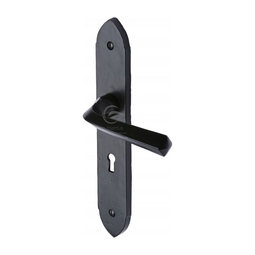 This is an image of a M.Marcus - Black Iron Rustic Door Handle Lever Lock Grafton Design, fb4400 that is available to order from T.H Wiggans Ironmongery in Kendal.