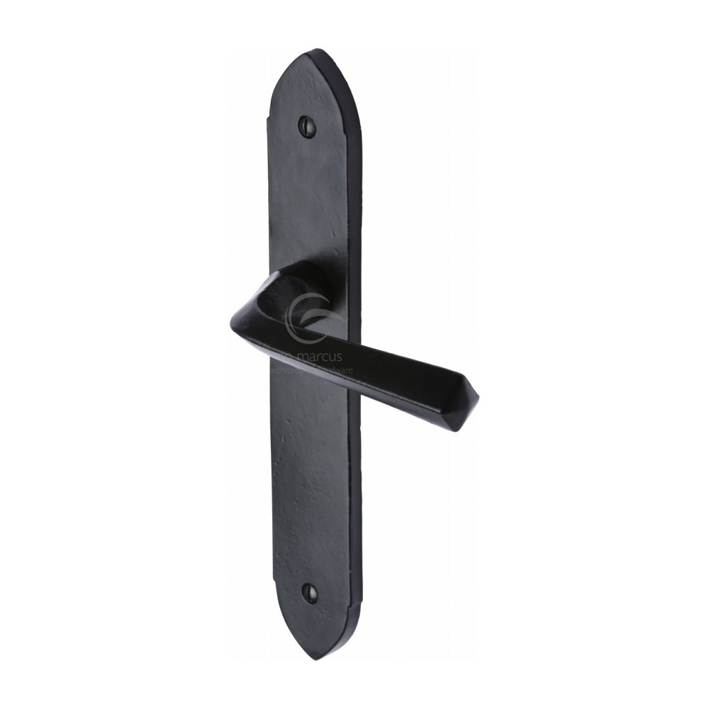 This is an image of a M.Marcus - Black Iron Rustic Door Handle Lever Latch Grafton Design, fb4410 that is available to order from T.H Wiggans Ironmongery in Kendal.