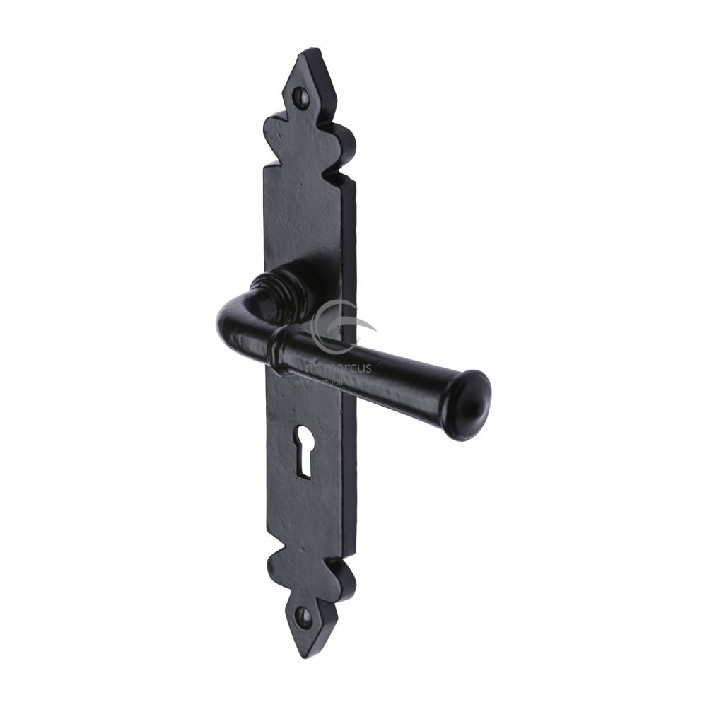 This is an image of a M.Marcus - Black Iron Rustic Door Handle Lever Lock Ludlow Design, fb5800 that is available to order from T.H Wiggans Ironmongery in Kendal.