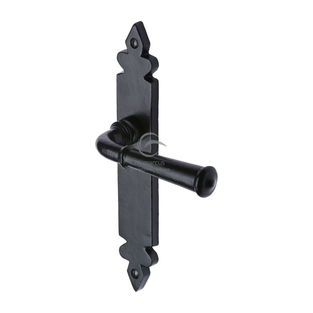 This is an image of a M.Marcus - Black Iron Rustic Door Handle Lever Latch Ludlow Design, fb5810 that is available to order from T.H Wiggans Ironmongery in Kendal.