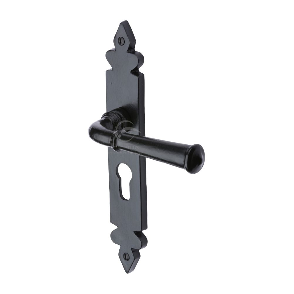 This is an image of a M.Marcus - Black Iron Rustic Door Handle Euro Profile Plate Ludlow Design, fb5848 that is available to order from T.H Wiggans Ironmongery in Kendal.