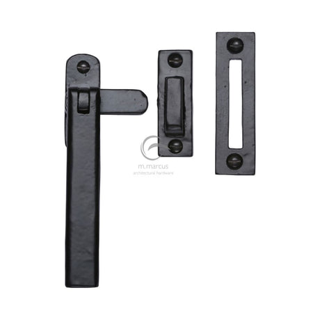 This is an image of a M.Marcus - Black Iron Rustic Weather Stripped Casement Window Fastener, fb684-mp-hp that is available to order from T.H Wiggans Ironmongery in Kendal.