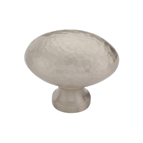 This is an image of a Heritage Brass - Cabinet Knob Victorian Oval Hammered Design 38mm Satin Nickel finish, ham114-38-sn that is available to order from T.H Wiggans Ironmongery in Kendal.