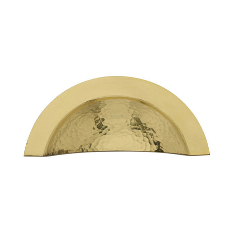 This is an image of a Heritage Brass - Drawer Cup Pull Crescent Hammered Design Polished Brass finish, ham1730-pb that is available to order from T.H Wiggans Ironmongery in Kendal.