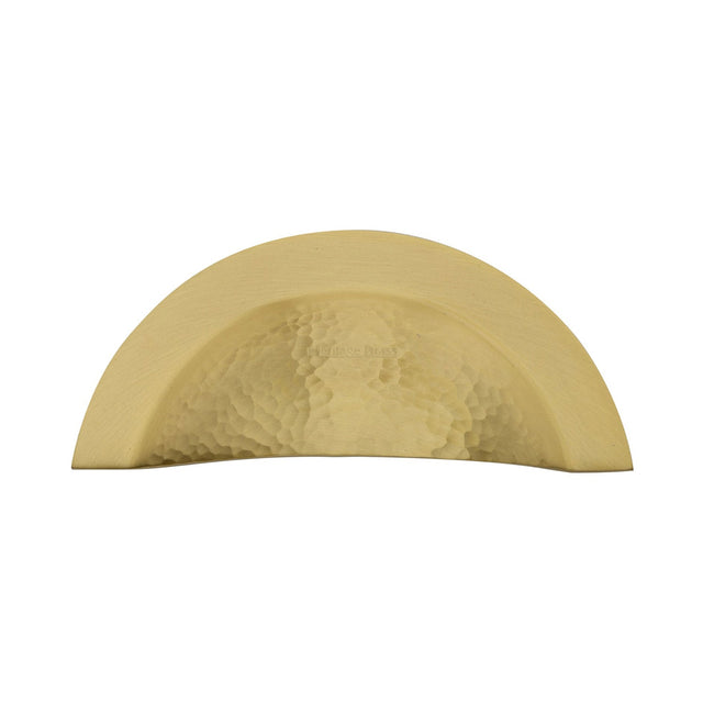 This is an image of a Heritage Brass - Drawer Cup Pull Crescent Hammered Design Satin Brass finish, ham1730-sb that is available to order from T.H Wiggans Ironmongery in Kendal.