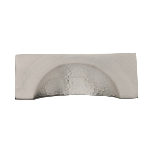 This is an image of a Heritage Brass - Drawer Cup Pull Hampshire Hammered Design 57mm CTC Satin Nickel Finish, ham2764-sn that is available to order from T.H Wiggans Ironmongery in Kendal.
