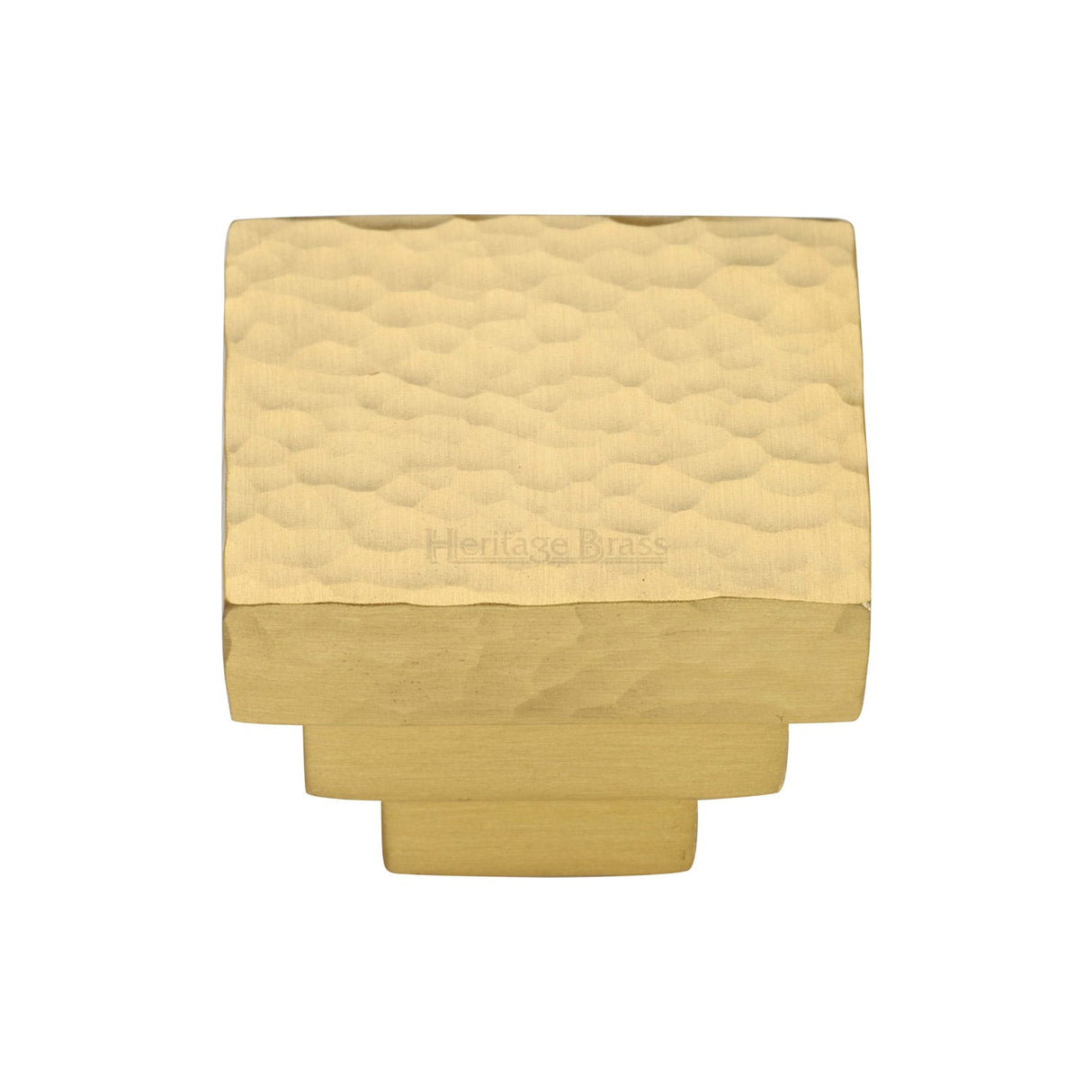 This is an image of a Heritage Brass - Cabinet Knob Square Stepped Hammered Design 32mm Satin Brass finish, ham3672-32-sb that is available to order from T.H Wiggans Ironmongery in Kendal.