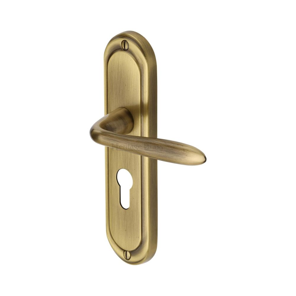 This is an image of a Heritage Brass - Door Handle for Euro Profile Plate Henley Design Antique Brass Fin, hen1248-at that is available to order from T.H Wiggans Ironmongery in Kendal.