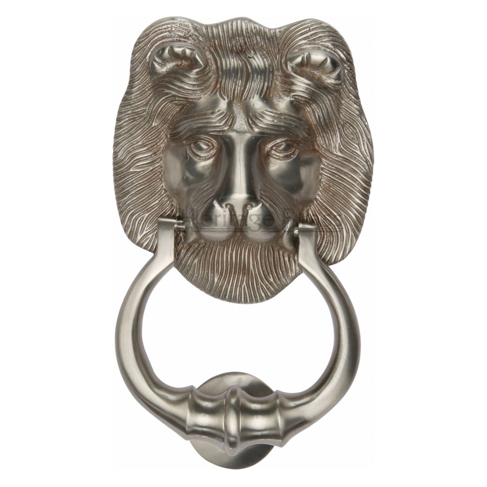 This is an image of a Heritage Brass - Lion Knocker Satin Nickel Finish, k1210-sn that is available to order from T.H Wiggans Ironmongery in Kendal.