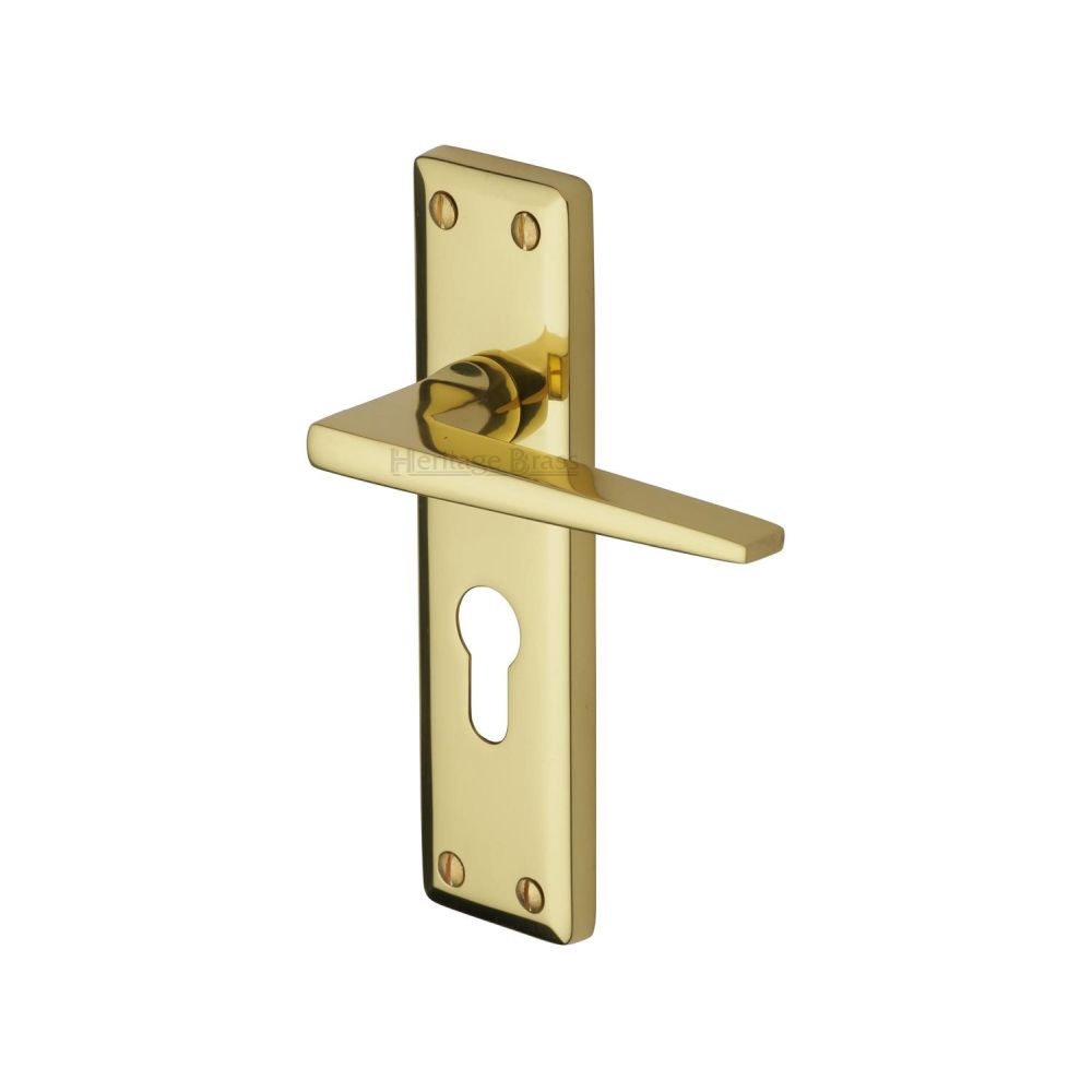 This is an image of a Heritage Brass - Door Handle for Euro Profile Plate Kendal Design Polished Brass Fin, ken6848-pb that is available to order from T.H Wiggans Ironmongery in Kendal.
