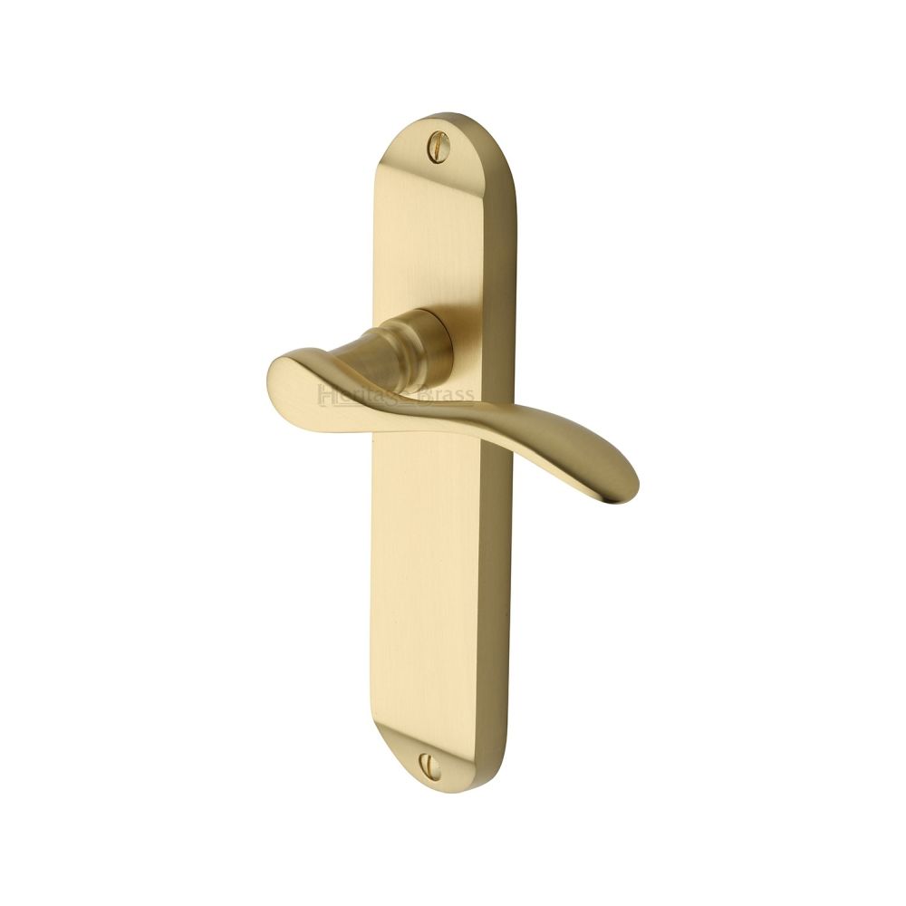 This is an image of a Heritage Brass - Door Handle Lever Latch Maya Design Satin Brass Finish, may7610-sb that is available to order from T.H Wiggans Ironmongery in Kendal.