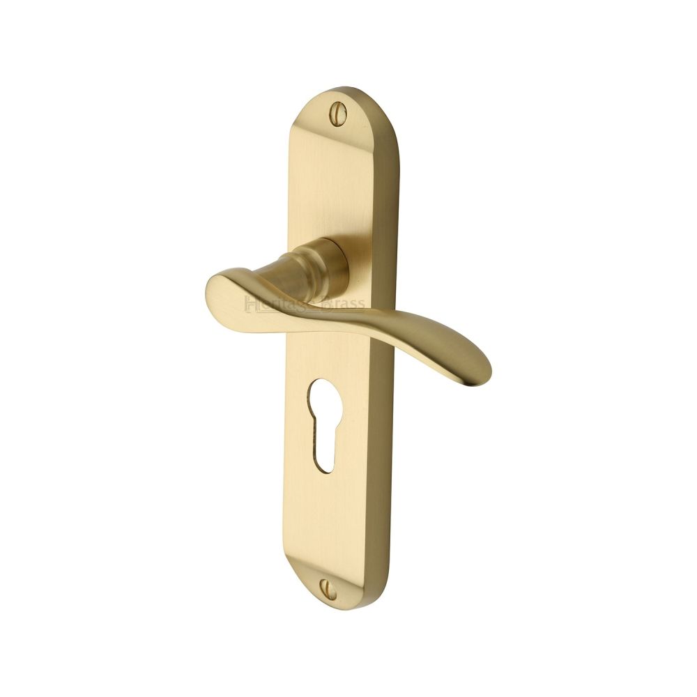 This is an image of a Heritage Brass - Door Handle for Euro Profile Plate Maya Design Satin Brass Finis, may7648-sb that is available to order from T.H Wiggans Ironmongery in Kendal.
