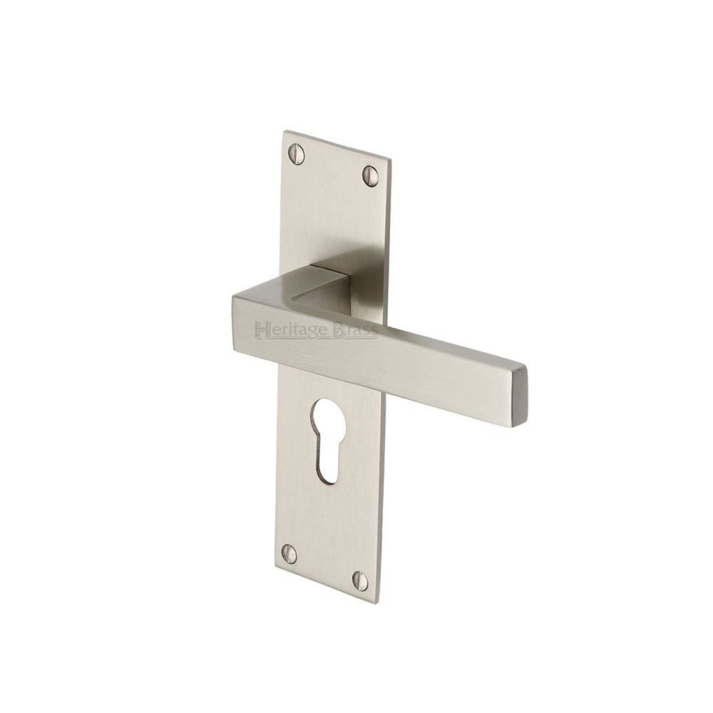 This is an image of a Heritage Brass - Door Handle for Euro Profile Plate Metro Design Satin Nickel Fin, met4948-sn that is available to order from T.H Wiggans Ironmongery in Kendal.