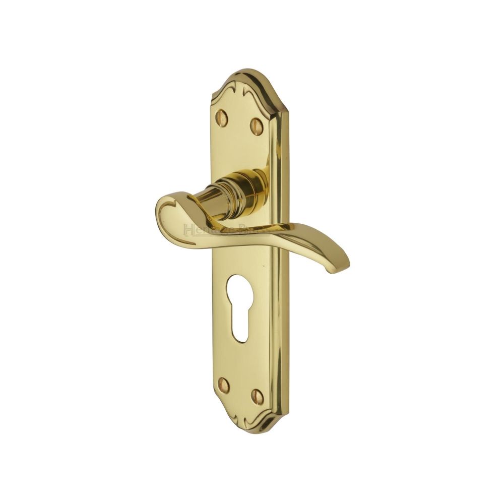 This is an image of a Heritage Brass - Door Handle for Euro Profile Plate Verona Small Design Polished Bra, mm625-pb that is available to order from T.H Wiggans Ironmongery in Kendal.