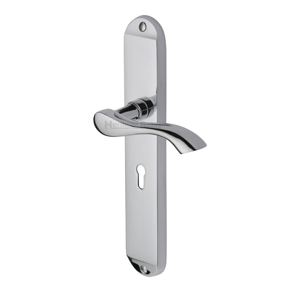 This is an image of a Heritage Brass - Door Handle Lever Lock Algarve Long Design Polished Chrome Finish, mm7200-pc that is available to order from T.H Wiggans Ironmongery in Kendal.