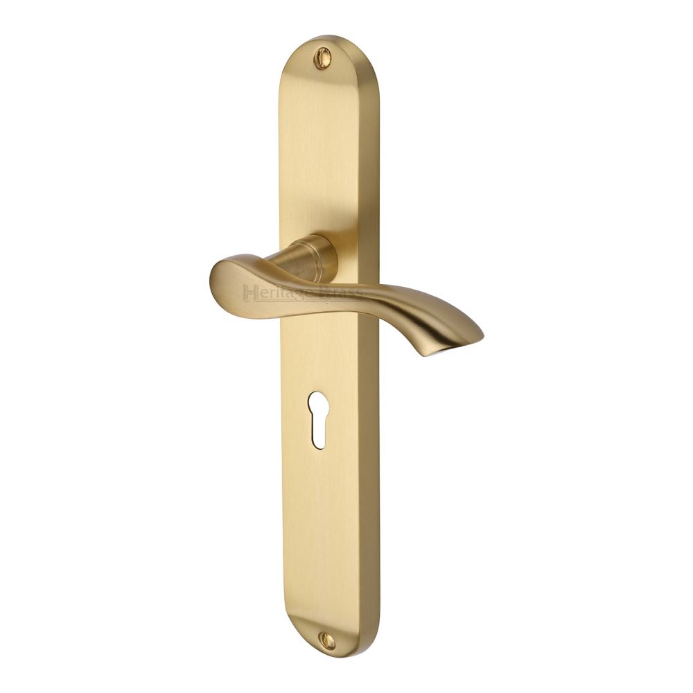 This is an image of a Heritage Brass - Door Handle Lever Lock Algarve Long Design Satin Brass Finish, mm7200-sb that is available to order from T.H Wiggans Ironmongery in Kendal.