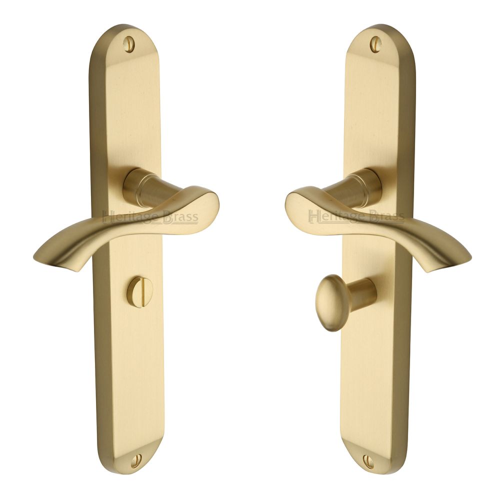 This is an image of a Heritage Brass - Door Handle for Bathroom Algarve Long Design Satin Brass Finish, mm7230-sb that is available to order from T.H Wiggans Ironmongery in Kendal.