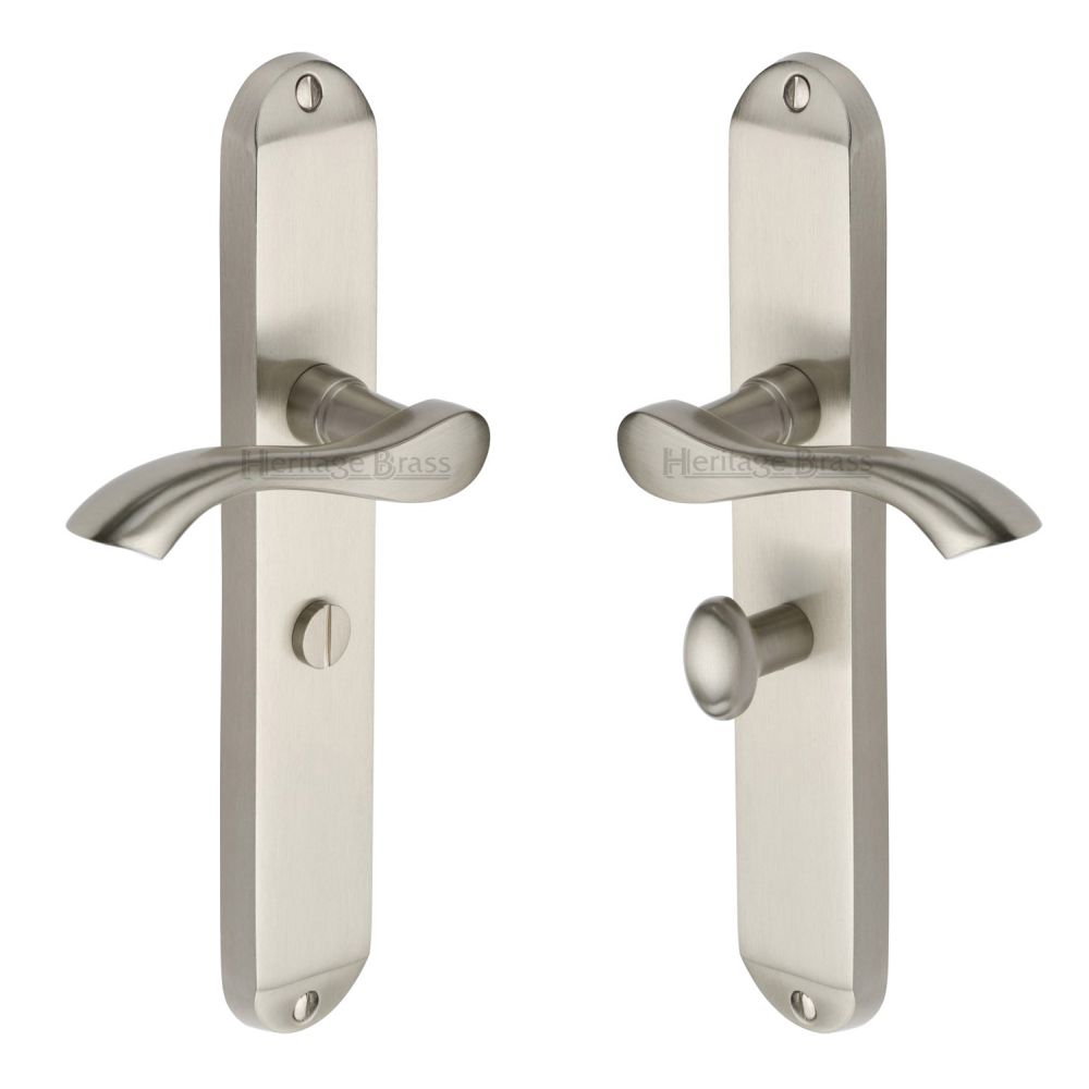 This is an image of a Heritage Brass - Door Handle for Bathroom Algarve Long Design Satin Nickel Finish, mm7230-sn that is available to order from T.H Wiggans Ironmongery in Kendal.