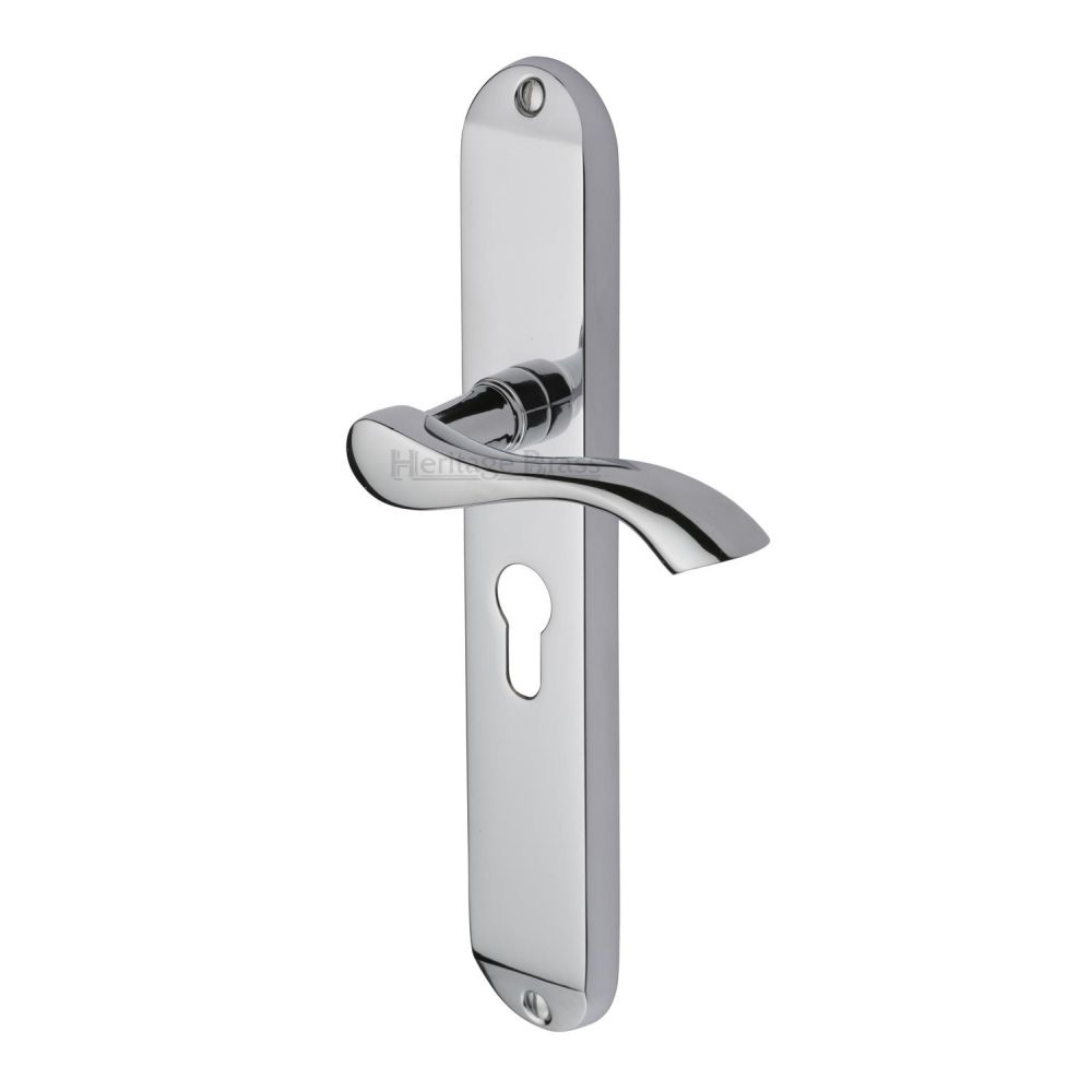 This is an image of a Heritage Brass - Door Handle for Euro Profile Plate Algarve Long Design Polished Chr, mm7248-pc that is available to order from T.H Wiggans Ironmongery in Kendal.