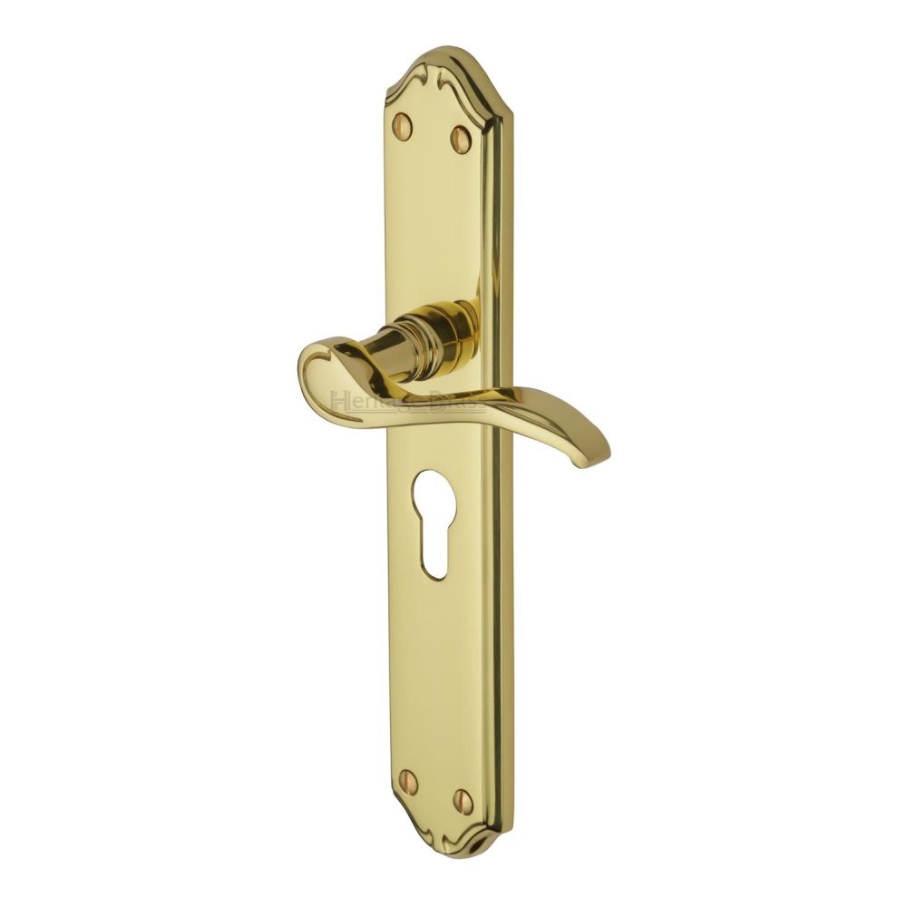 This is an image of a Heritage Brass - Door Handle for Euro Profile Plate Verona Design Polished Brass Fin, mm825-pb that is available to order from T.H Wiggans Ironmongery in Kendal.