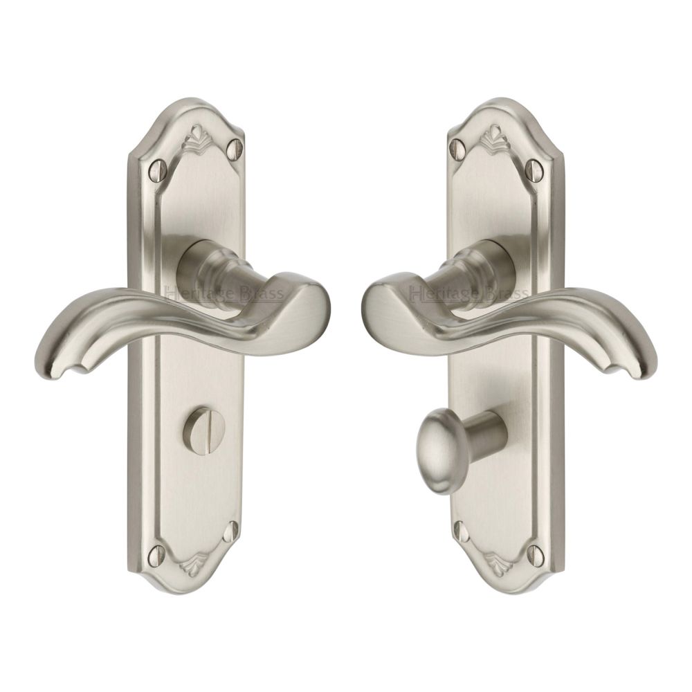 This is an image of a Heritage Brass - Door Handle for Bathroom Lisboa Design Satin Nickel Finish, mm993-sn that is available to order from T.H Wiggans Ironmongery in Kendal.