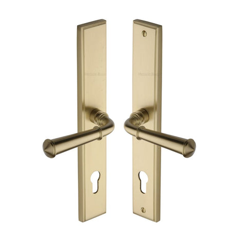 This is an image of a Heritage Brass - Multi-Point Door Handle Lever Lock Colonial LH Design Satin Bras, mp1932-lh-sb that is available to order from T.H Wiggans Ironmongery in Kendal.