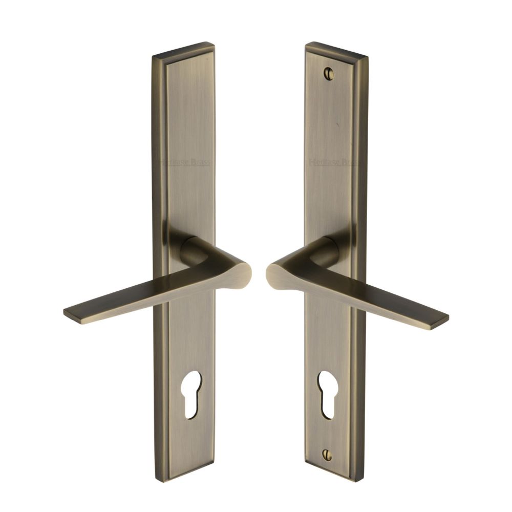 This is an image of a Heritage Brass - Multi-Point Door Handle Lever Lock Gio LH Design Antique Brass Fin, mp4189-lh-at that is available to order from T.H Wiggans Ironmongery in Kendal.