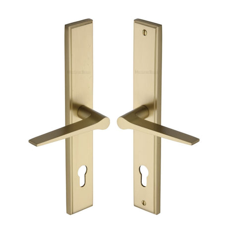 This is an image of a Heritage Brass - Multi-Point Door Handle Lever Lock Gio LH Design Satin Brass Fin, mp4189-lh-sb that is available to order from T.H Wiggans Ironmongery in Kendal.