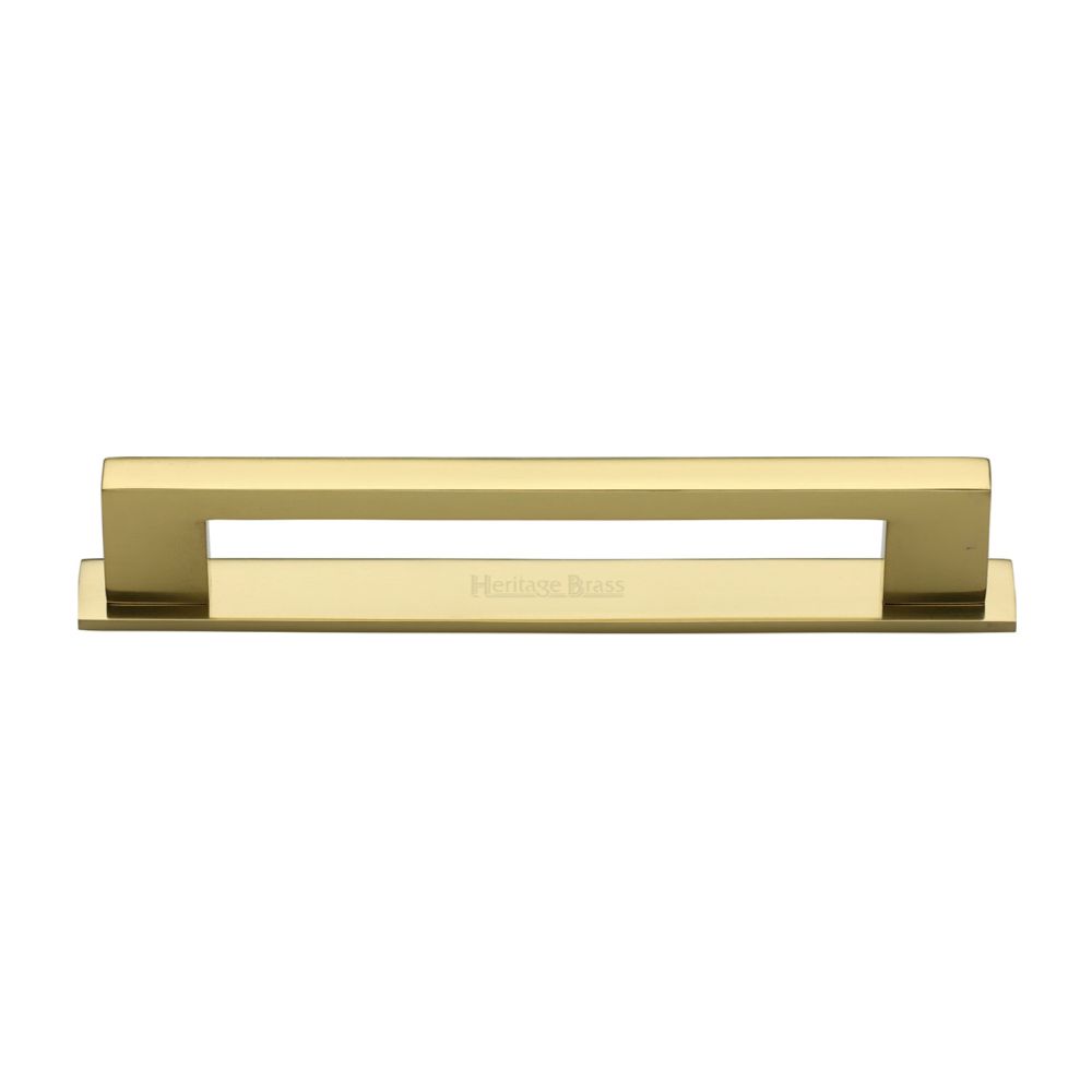 This is an image of a Heritage Brass - Cabinet Pull Metro Design with Plate 160mm CTC Polished Brass Finis, pl0337-160-pb that is available to order from T.H Wiggans Ironmongery in Kendal.
