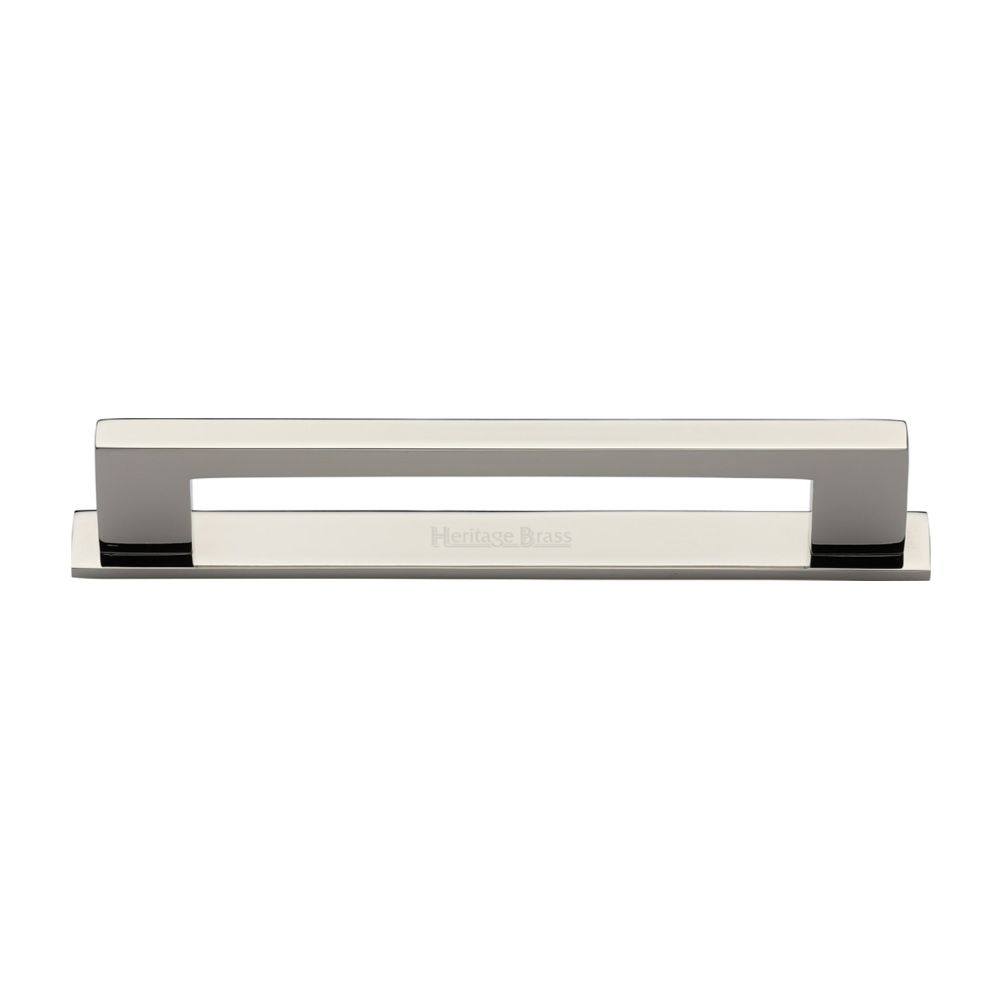 This is an image of a Heritage Brass - Cabinet Pull Metro Design with Plate 160mm CTC Polished Nickel Fini, pl0337-160-pnf that is available to order from T.H Wiggans Ironmongery in Kendal.