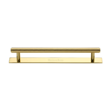 This is an image of a Heritage Brass - Cabinet Pull Knurled Design with Plate 160mm CTC Polished Brass Fin, pl4458-160-pb that is available to order from T.H Wiggans Ironmongery in Kendal.