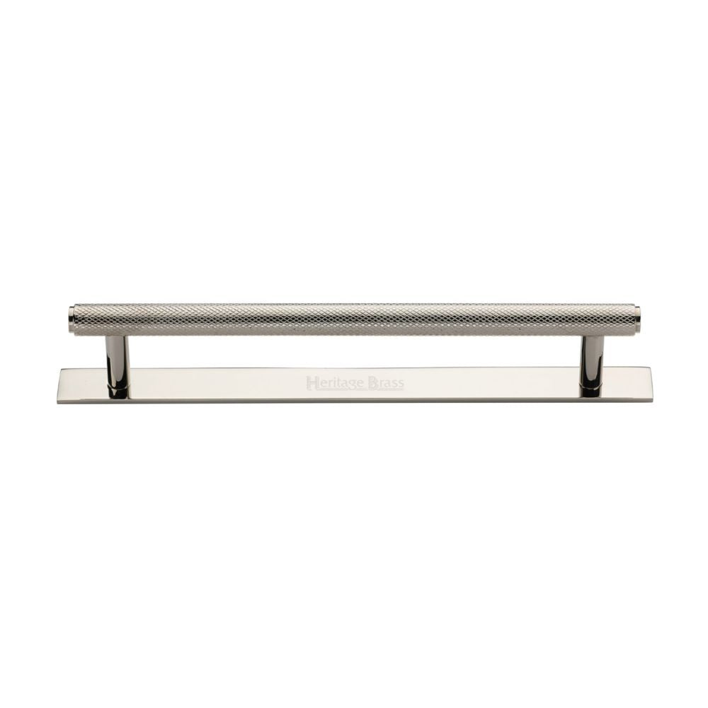 This is an image of a Heritage Brass - Cabinet Pull Knurled Design with Plate 160mm CTC Polished Nickel Fi, pl4458-160-pnf that is available to order from T.H Wiggans Ironmongery in Kendal.