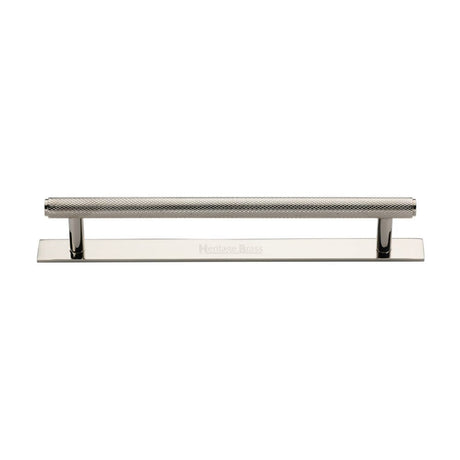 This is an image of a Heritage Brass - Cabinet Pull Knurled Design with Plate 160mm CTC Polished Nickel Fi, pl4458-160-pnf that is available to order from T.H Wiggans Ironmongery in Kendal.