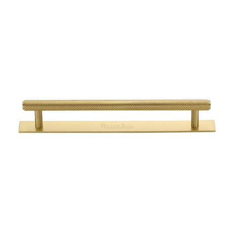 This is an image of a Heritage Brass - Cabinet Pull Knurled Design with Plate 160mm CTC Satin Brass Fin, pl4458-160-sb that is available to order from T.H Wiggans Ironmongery in Kendal.