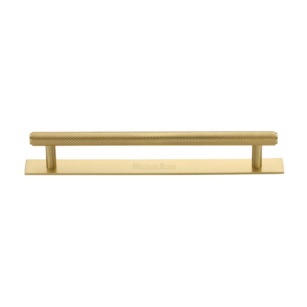 This is an image of a Heritage Brass - Cabinet Pull Knurled Design with Plate 160mm CTC Satin Brass Fin, pl4458-160-sb that is available to order from T.H Wiggans Ironmongery in Kendal.