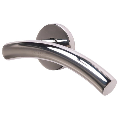 This is an image of a Steel Line Door Handle Lever Latch on Round Rose Tubular Design Polished Stainless Steel finish, pr-arc9-ps that is available to order from T.H Wiggans Ironmongery in Kendal.