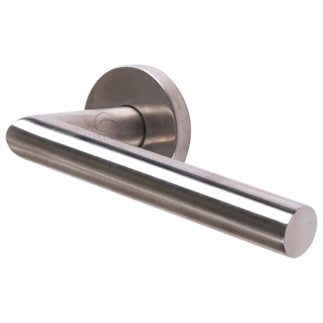 This is an image of a Steel Line Door Handle Lever Latch on Round Rose Tubular Design Satin Stainless Steel finish, pr-mt03-ss that is available to order from T.H Wiggans Ironmongery in Kendal.