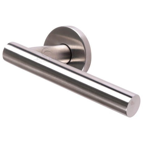 This is an image of a Steel Line Door Handle Lever Latch on Round Rose Tubular Design Satin Stainless Steel finish, pr-tb10-ss that is available to order from T.H Wiggans Ironmongery in Kendal.