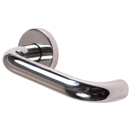 This is an image of a Steel Line Door Handle Lever Latch on Round Rose Tubular Design Polished Stainless Steel finish, pr-us01-ps that is available to order from T.H Wiggans Ironmongery in Kendal.