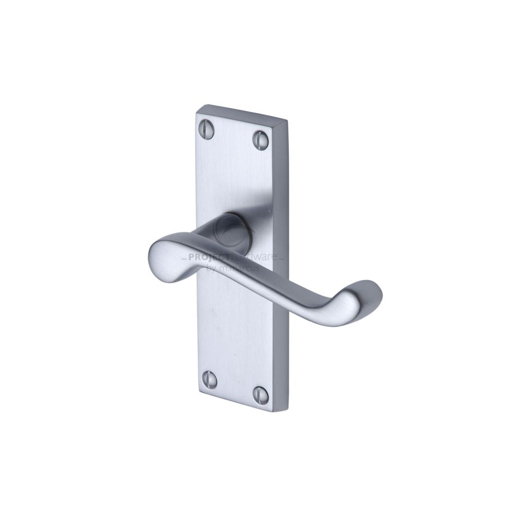 This is an image of a Project Hardware - Door Handle Lever Latch Malvern Short Design Satin Chrome Fini, pr610-sc that is available to order from T.H Wiggans Ironmongery in Kendal.