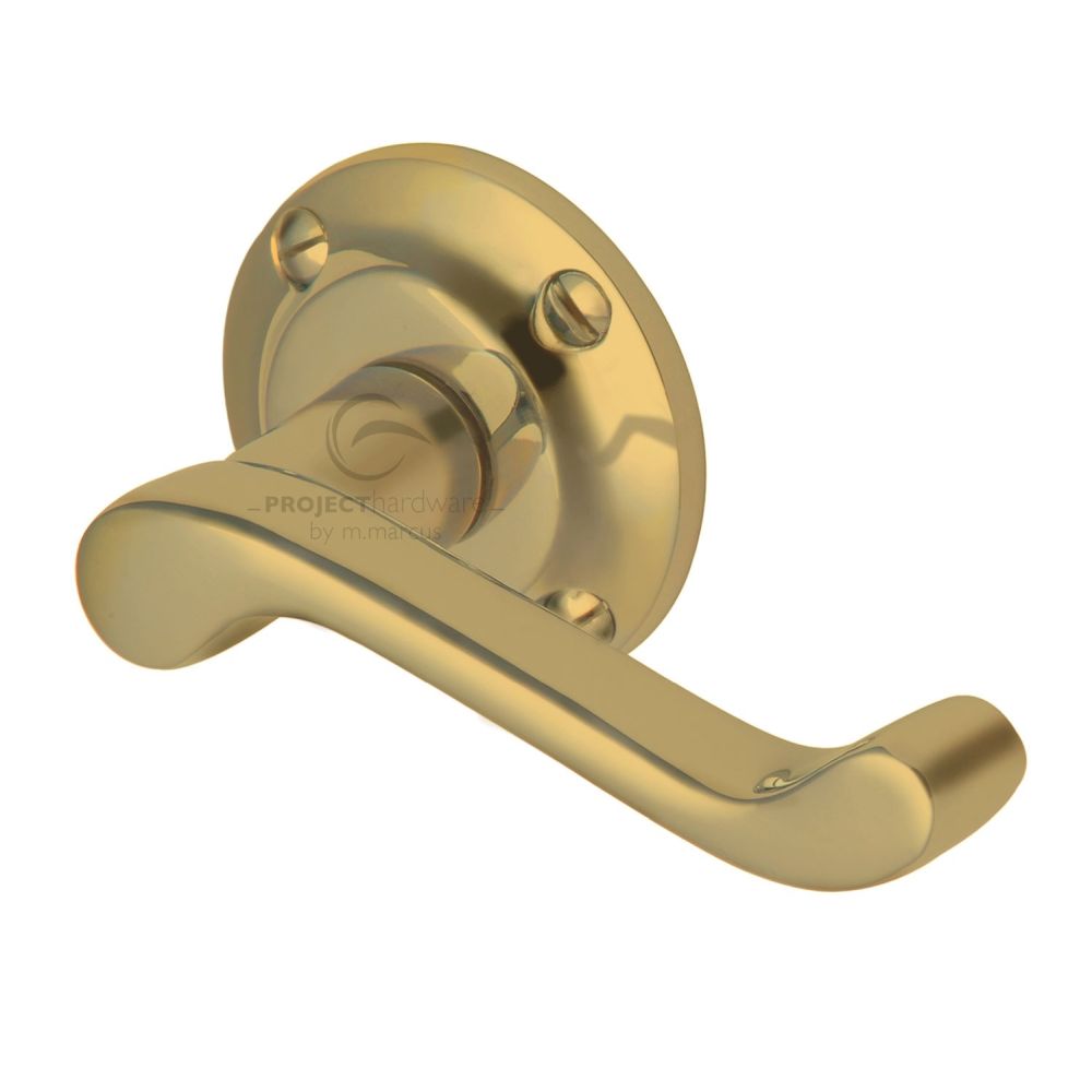 This is an image of a Project Hardware - Door Handle Lever Latch on Round Rose Malvern Design Polished Bra, pr630-pb that is available to order from T.H Wiggans Ironmongery in Kendal.