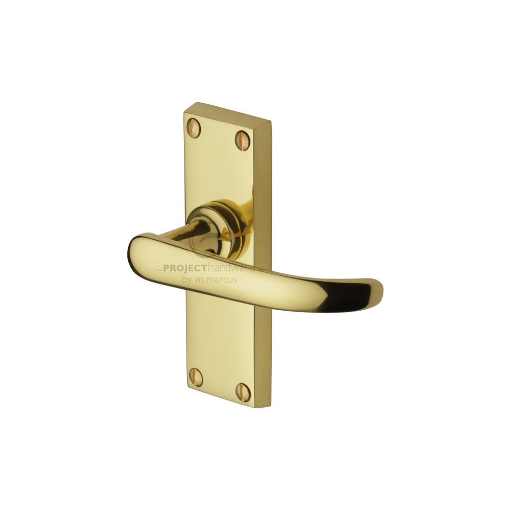 This is an image of a Project Hardware - Door Handle Lever Latch Avon Short Design Polished Brass Finish, pr910-pb that is available to order from T.H Wiggans Ironmongery in Kendal.