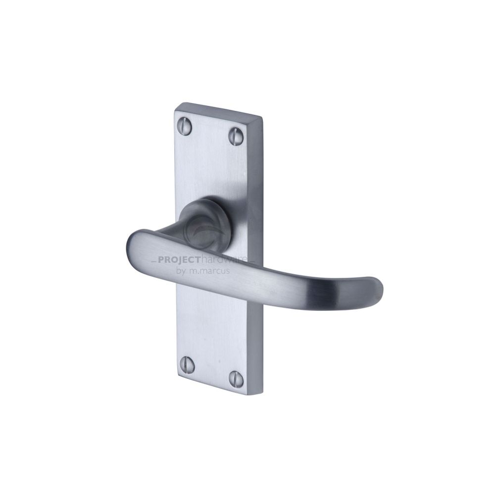 This is an image of a Project Hardware - Door Handle Lever Latch Avon Short Design Satin Chrome Finish, pr910-sc that is available to order from T.H Wiggans Ironmongery in Kendal.