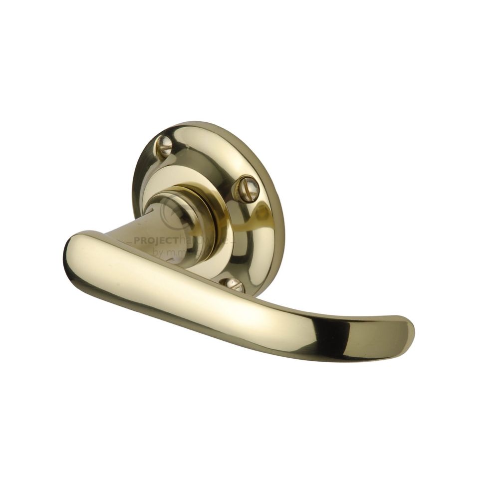 This is an image of a Project Hardware - Door Handle Lever Latch on Round Rose Avon Design Polished Brass, pr930-pb that is available to order from T.H Wiggans Ironmongery in Kendal.