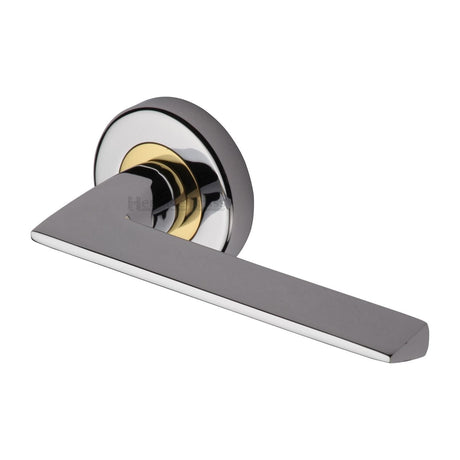 This is an image of a Heritage Brass - Door Handle Lever Latch on Round Rose Pyramid Design Chrome & Brass finish, pyd3535-cb that is available to order from T.H Wiggans Ironmongery in Kendal.