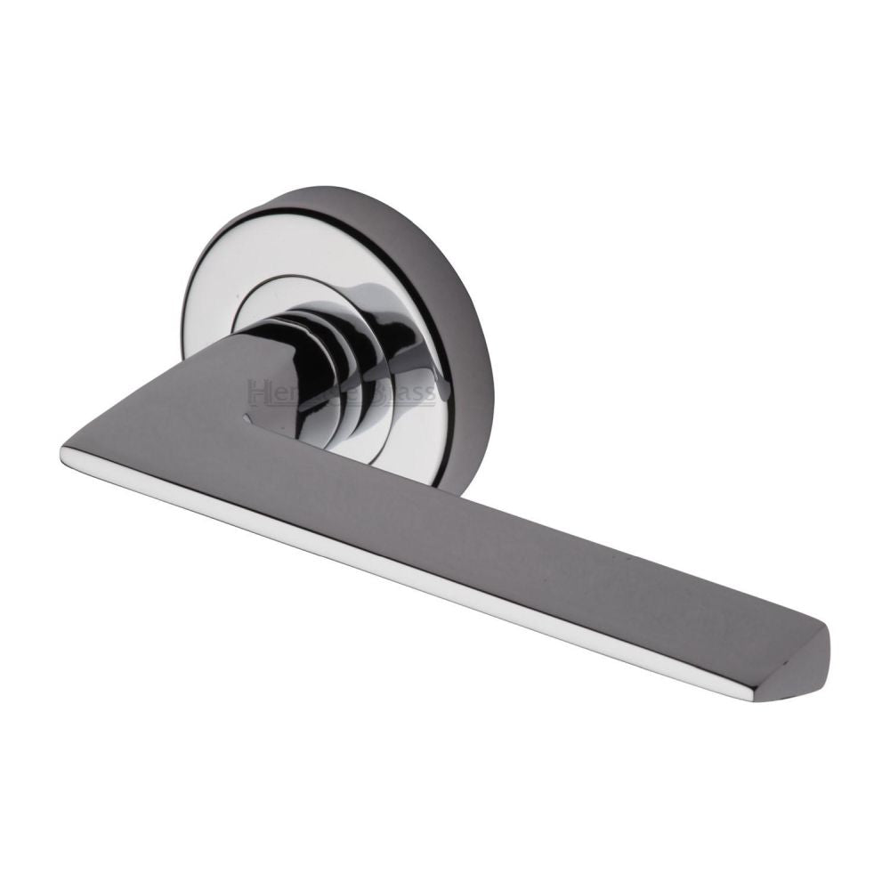 This is an image of a Heritage Brass - Door Handle Lever Latch on Round Rose Pyramid Design Polished Chrom, pyd3535-pc that is available to order from T.H Wiggans Ironmongery in Kendal.