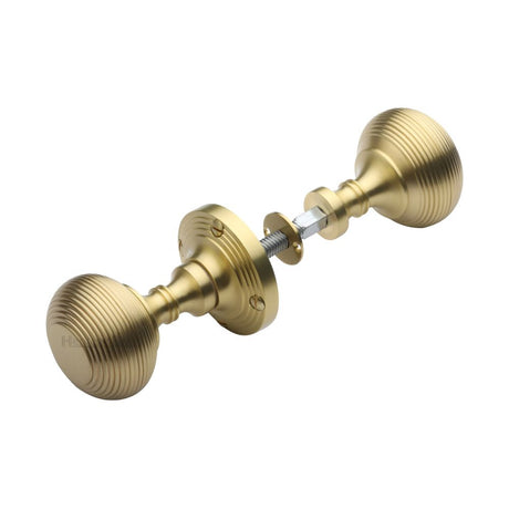 This is an image of a Heritage Brass - Reeded Rim Knob Satin Brass Finish, rim-v971-sb that is available to order from T.H Wiggans Ironmongery in Kendal.